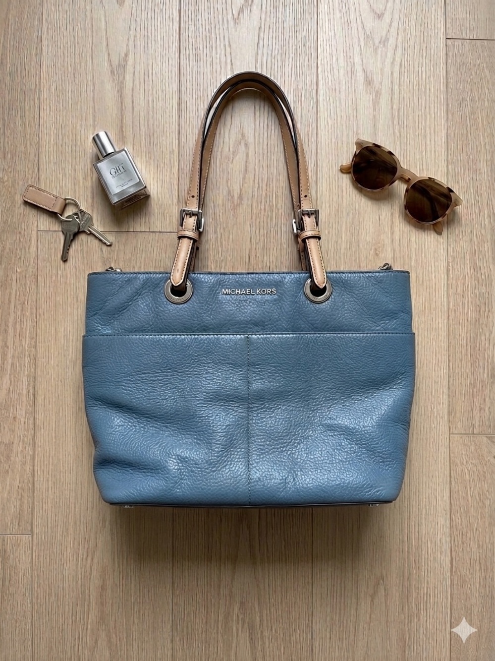 Michael Kors Dusty Blue Leather Tote with Tan Handles